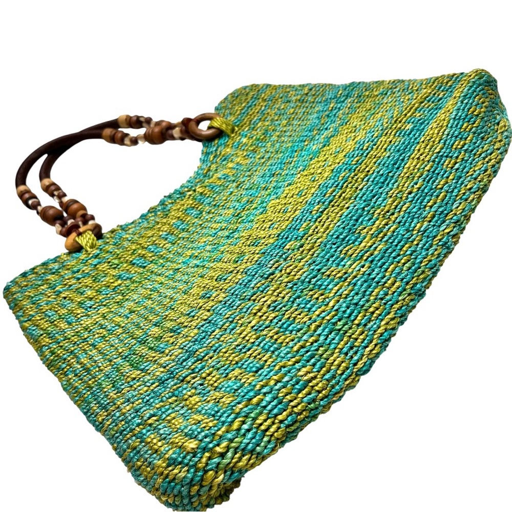 EMMA ROSE Woven Raffia Straw Green Shoulder Strap Bag Tote Beach Resort Artsy - Picture 15 of 16